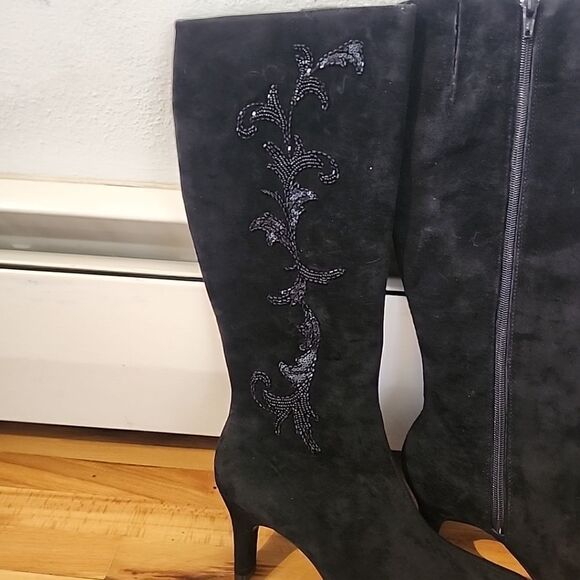 Diane Von Furstenberg Silk Assets Black Suede Beaded Sequin Boots Sz 6.5 NEW - Picture 4 of 7